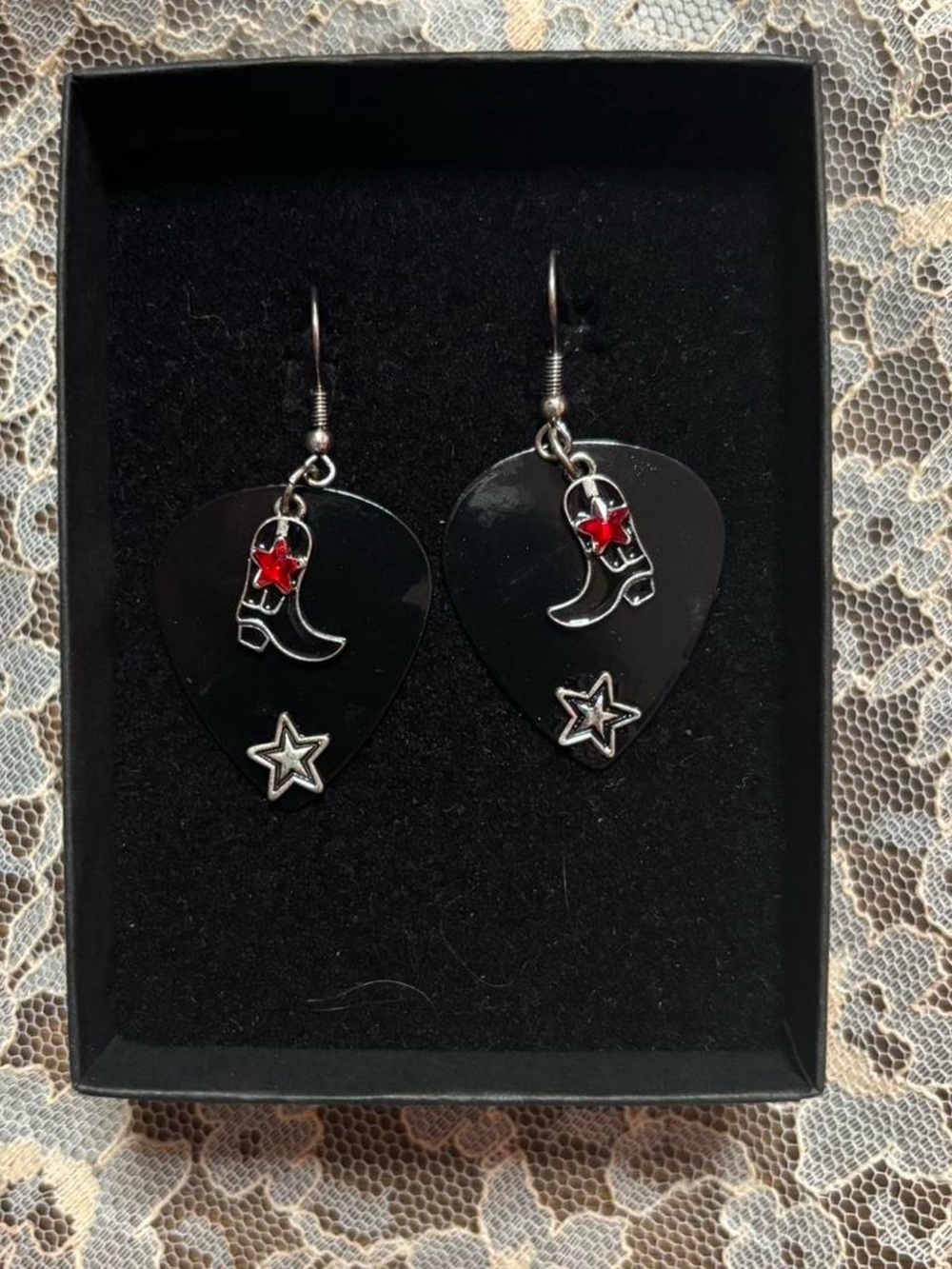 Hot Topic Black Guitar Pick Earrings with Red Star Accent - Women Jewelry